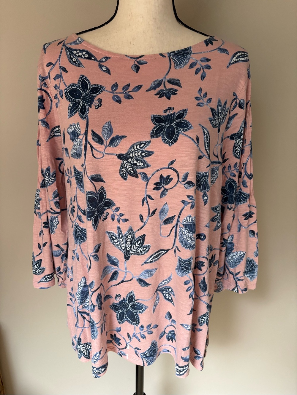 J. Jill Pink Floral Boatneck Top with Navy Print